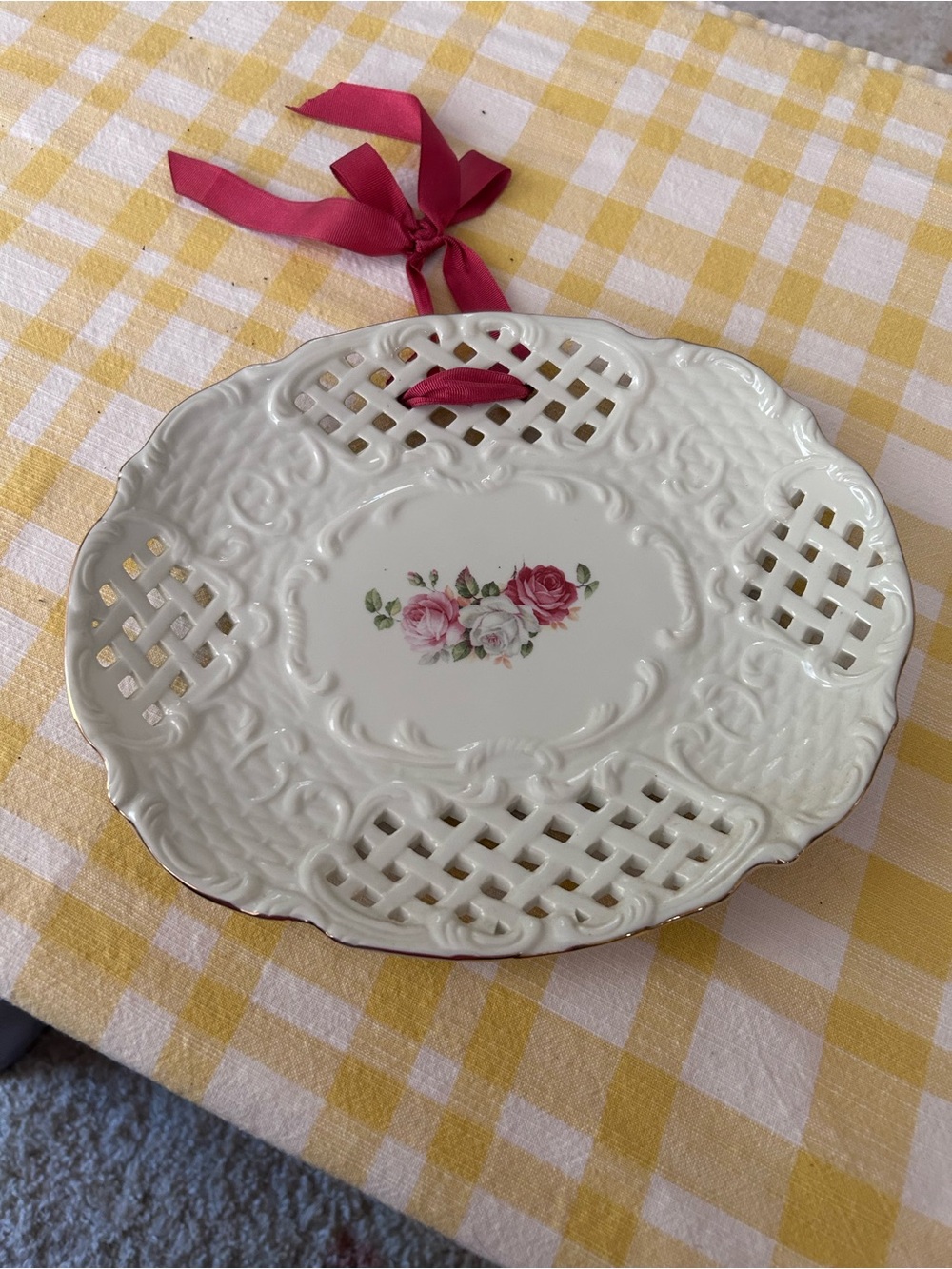Cream Ceramic Serving Plate with Pink Rose Centerpiece